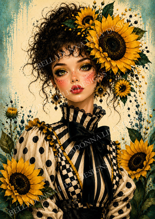 Miss Sunflower whimsical woman decoupage rice paper featuring dark curly hair, golden sunflowers and black-and-cream patterned clothing