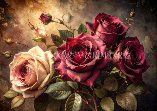 Artistic depiction of red and white roses with a reflective surface effect.