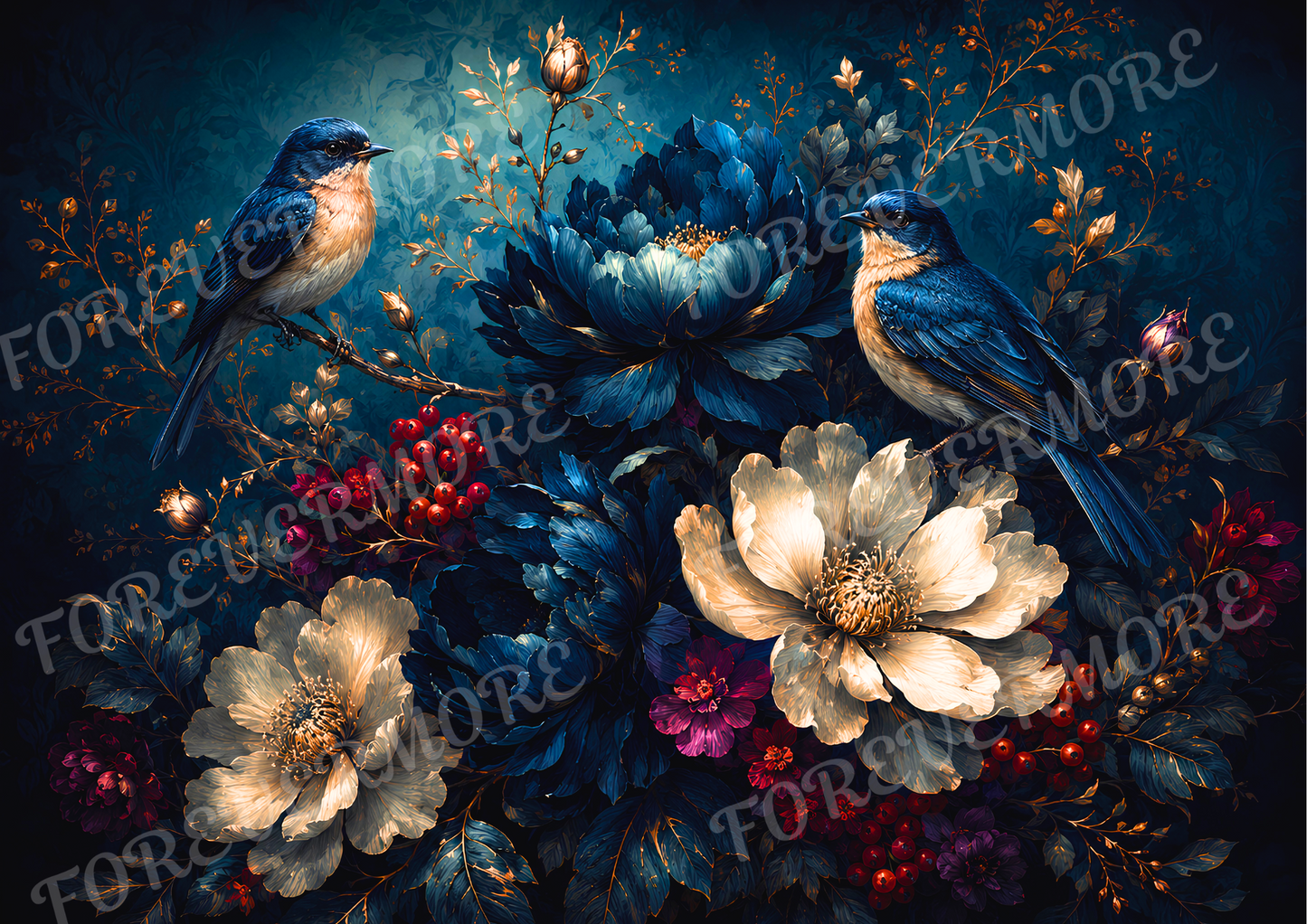 A dark floral artwork featuring two blue birds among large cream and blue flowers, deep blue leaves, and clusters of red berries.