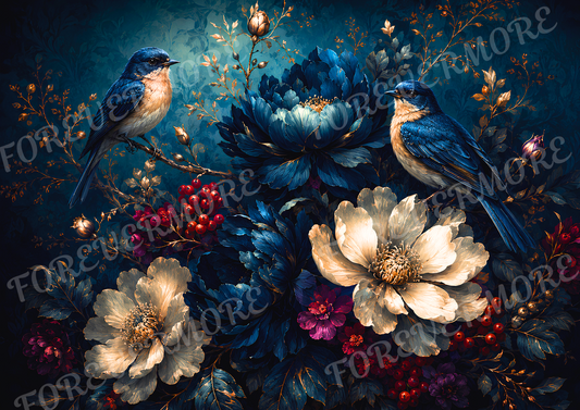 A dark floral artwork featuring two blue birds among large cream and blue flowers, deep blue leaves, and clusters of red berries.