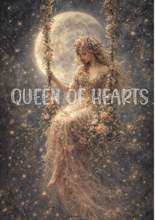 Woman in a floral dress sitting on a swing with a moon in the background.