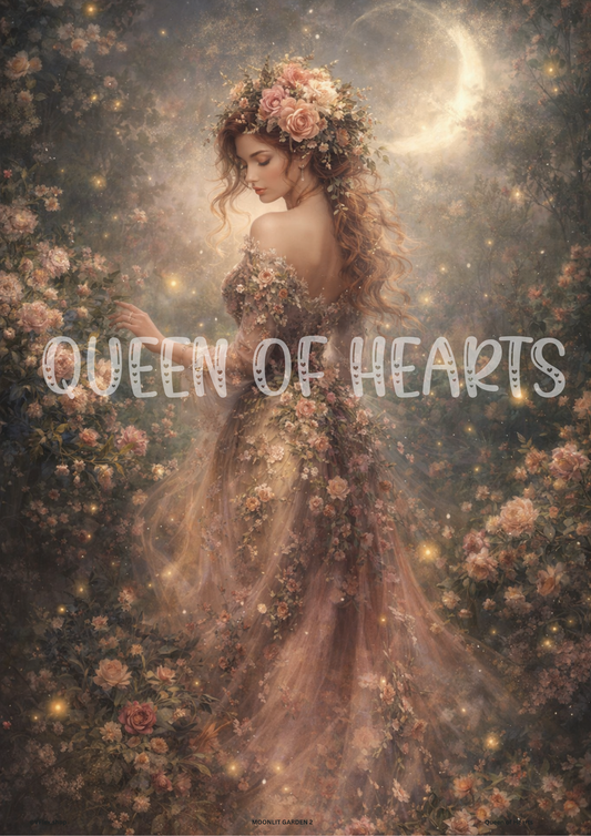 Woman in a floral dress surrounded by flowers.