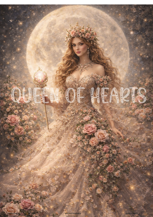 Woman in a floral dress against a moonlit sky.