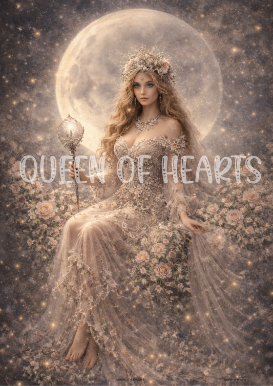 Woman in a floral dress with a lantern under a moonlit sky.