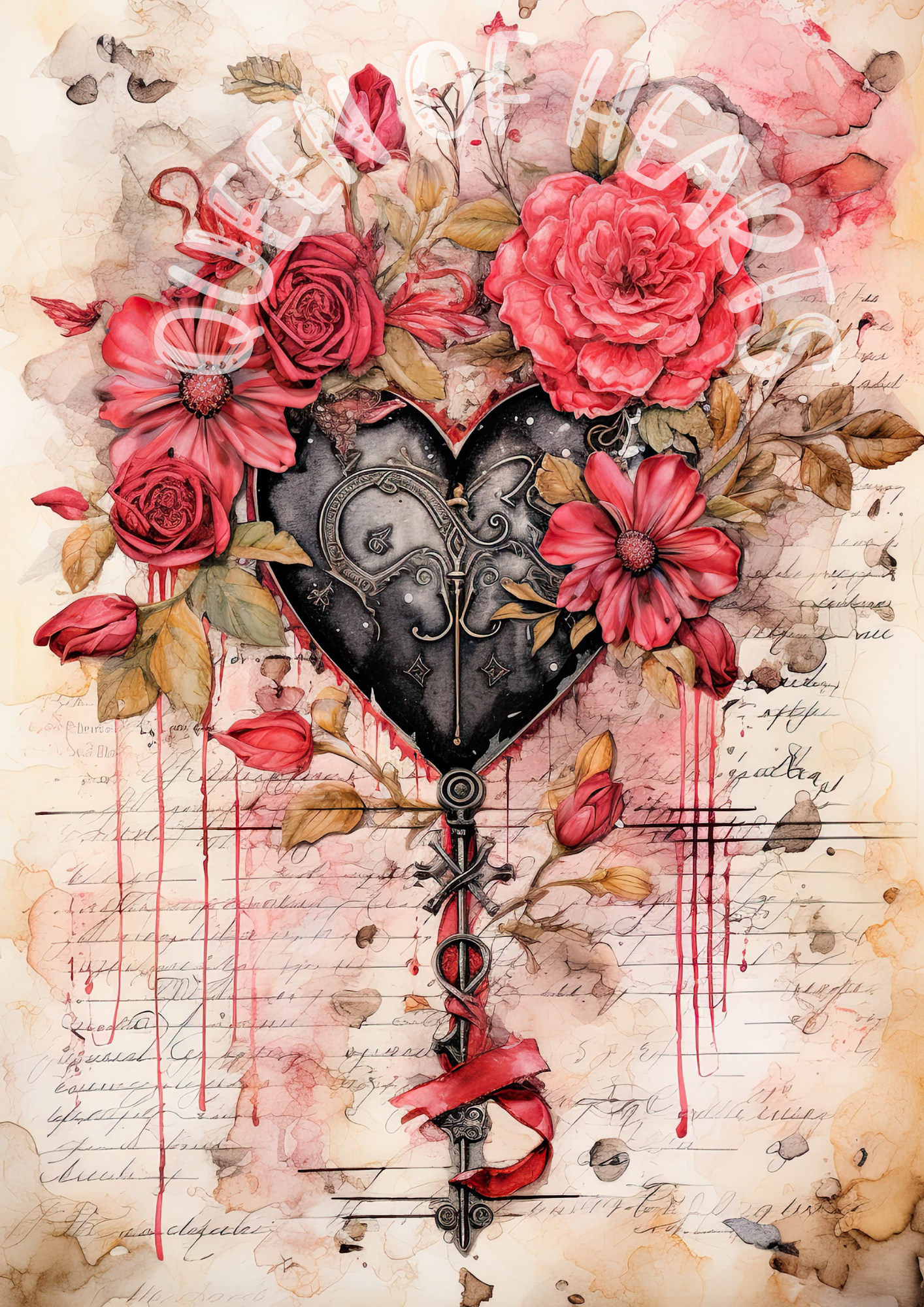 Queen of Hearts Rice Paper Prints - Valentine's Noir Hearts