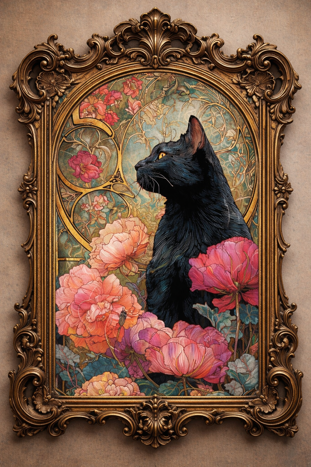 Decorative painting of a black cat among pink flowers in an ornate gold frame.