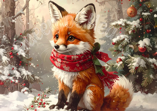 Fox wearing a red scarf with a Christmas tree and decorations in the background