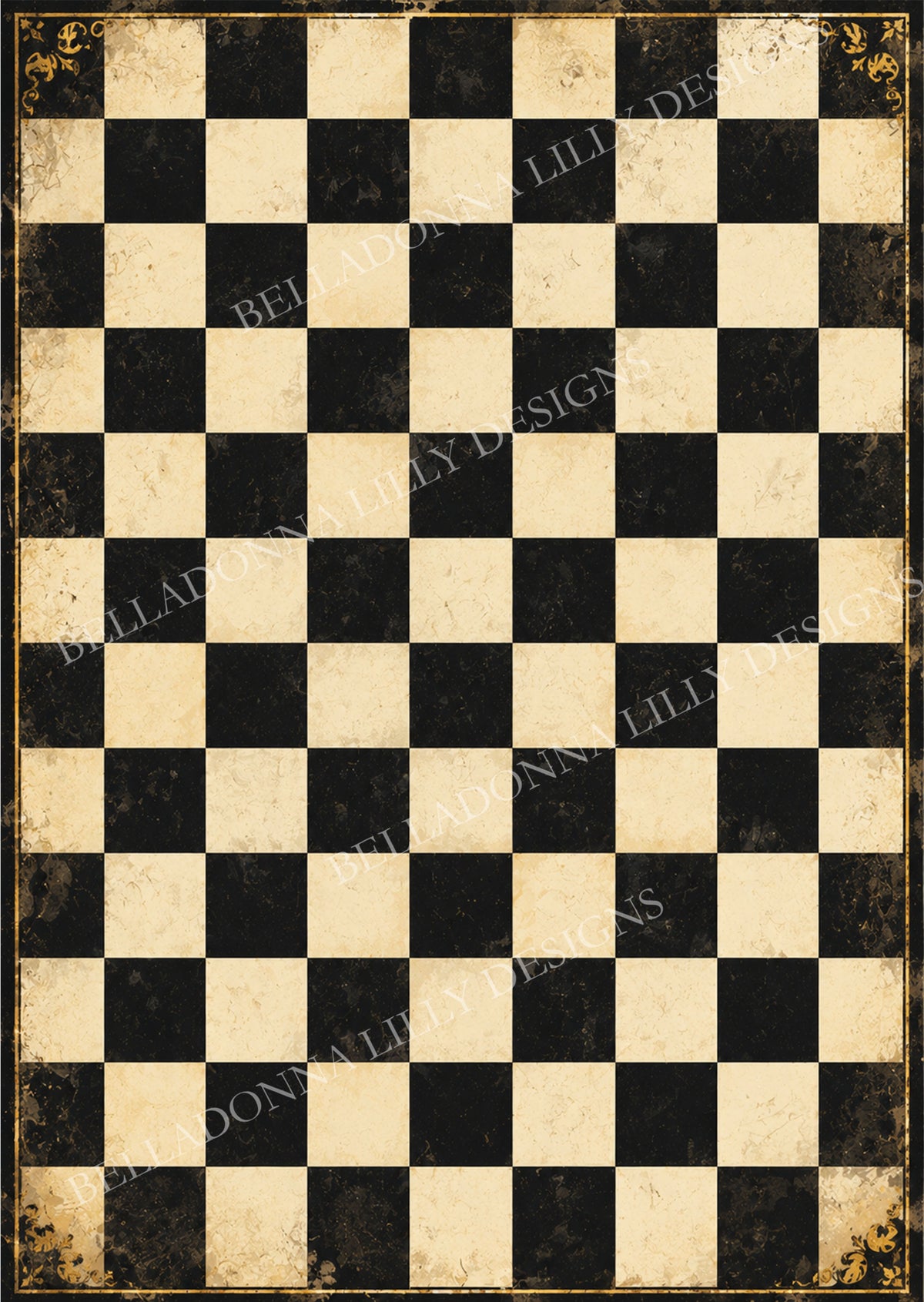 Old World Checkerboard decoupage rice paper with distressed black-and-cream squares, an antique-gold border and decorative corners