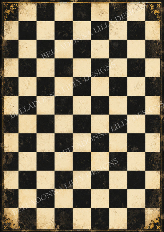 Old World Checkerboard decoupage rice paper with distressed black-and-cream squares, an antique-gold border and decorative corners