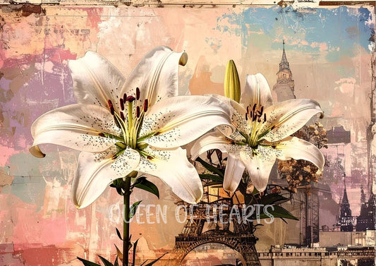White lilies on a textured background with abstract design