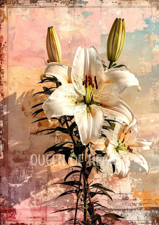 White lily flower with buds on a textured, multicolored background