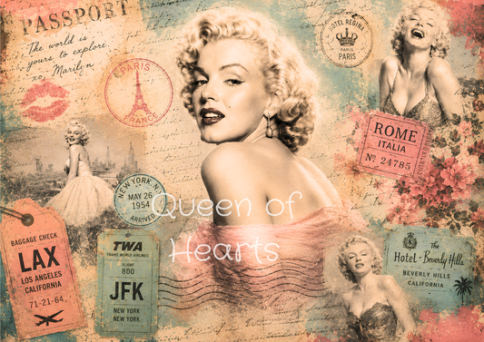 A vintage-style collage artwork featuring multiple vintage glamour portraits of a blonde woman, travel stamps, ticket stubs, postmarks, and floral elements on a distressed cream and teal background.