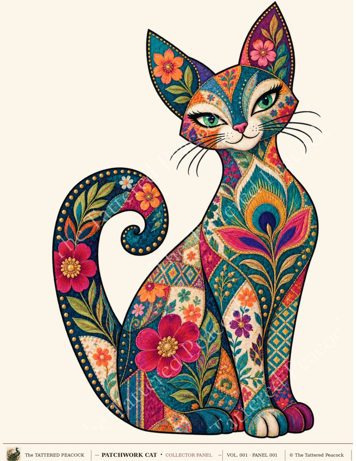 Colorful patchwork cat cotton Collector Panel with green eyes, curled tail, flowers, and peacock-inspired details.