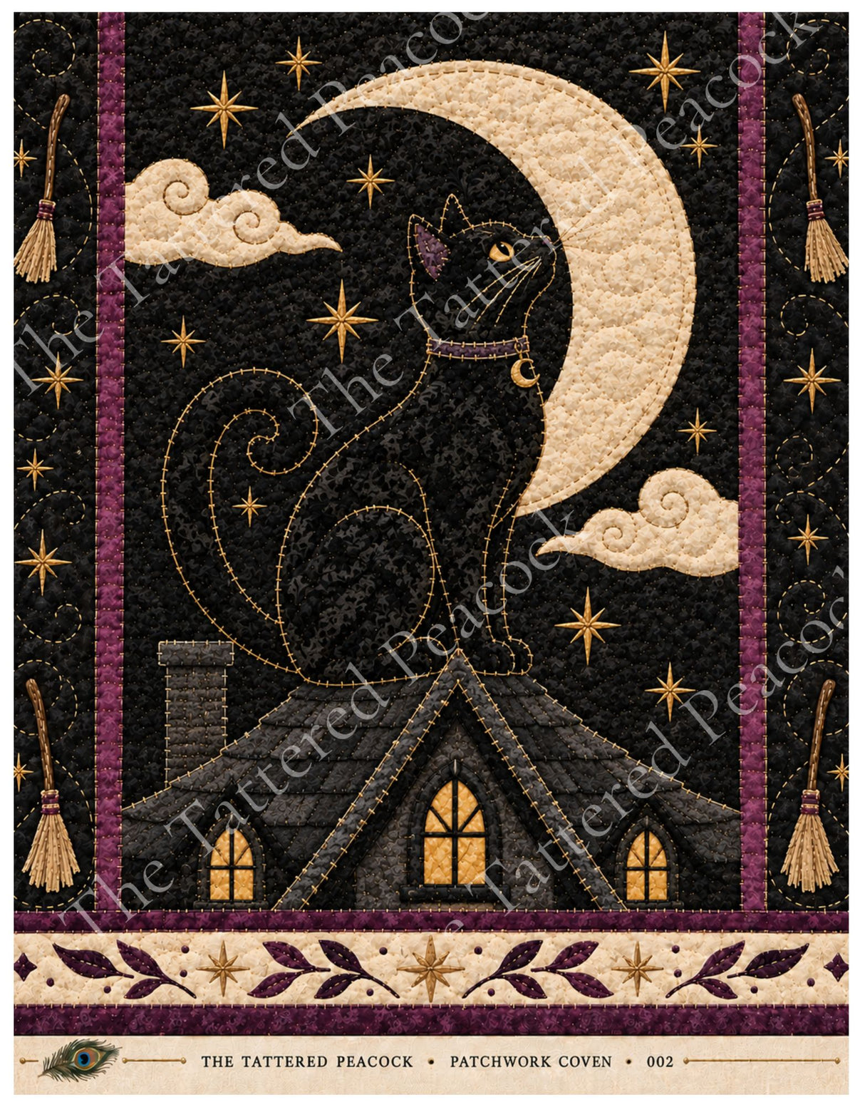 Moonlit Familiar Patchwork Coven 002 cotton Collector Panel featuring a quilted black cat beneath a cream crescent moon and golden stars.