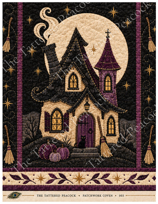 Midnight Cottage Patchwork Coven 003 cotton Collector Panel with a quilted witch’s cottage, full moon, pumpkins, broomsticks and black cat.