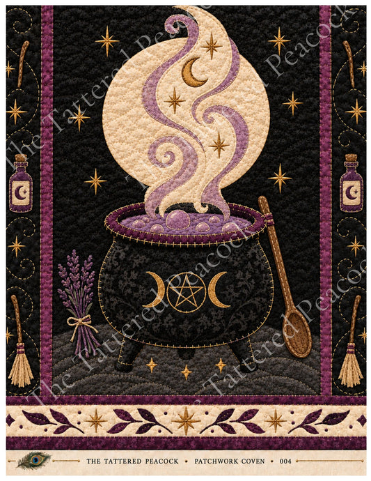 Enchanted Cauldron Patchwork Coven 004 cotton Collector Panel with a bubbling quilted cauldron, full moon, lavender steam and potion bottles.