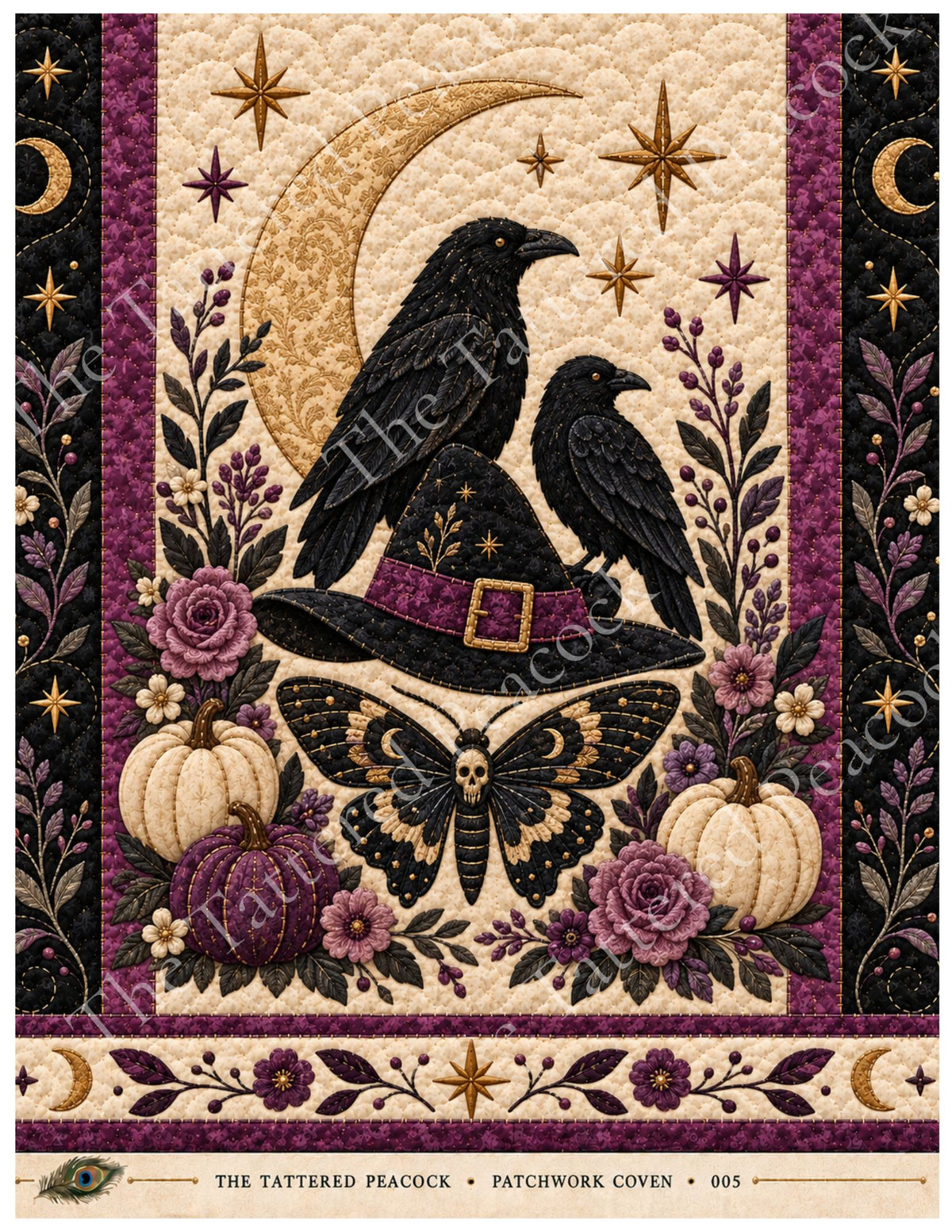 Raven Moon Patchwork Coven 005 cotton Collector Panel with two black ravens, witch’s hat, crescent moon, moth, pumpkins and plum flowers.