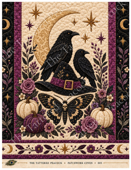 Raven Moon Patchwork Coven 005 cotton Collector Panel with two black ravens, witch’s hat, crescent moon, moth, pumpkins and plum flowers.