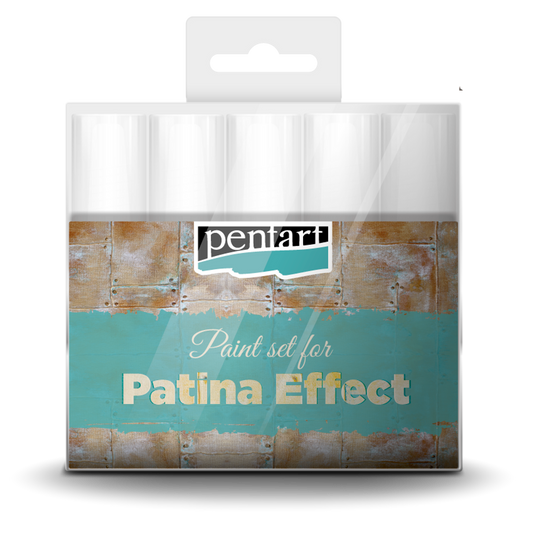 Packaging of Pentart paint set for Patina Effect with brand logo and product name.