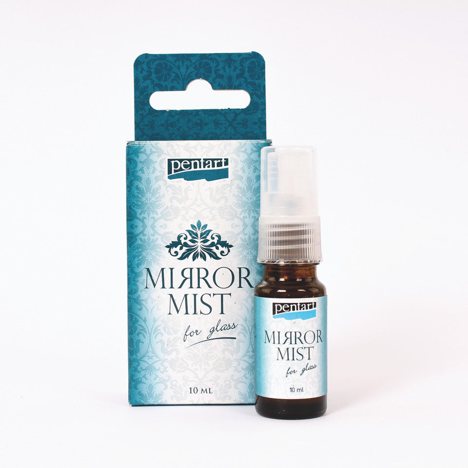 Bottle and packaging of Pentart Mirror Mist for glass on a white background
