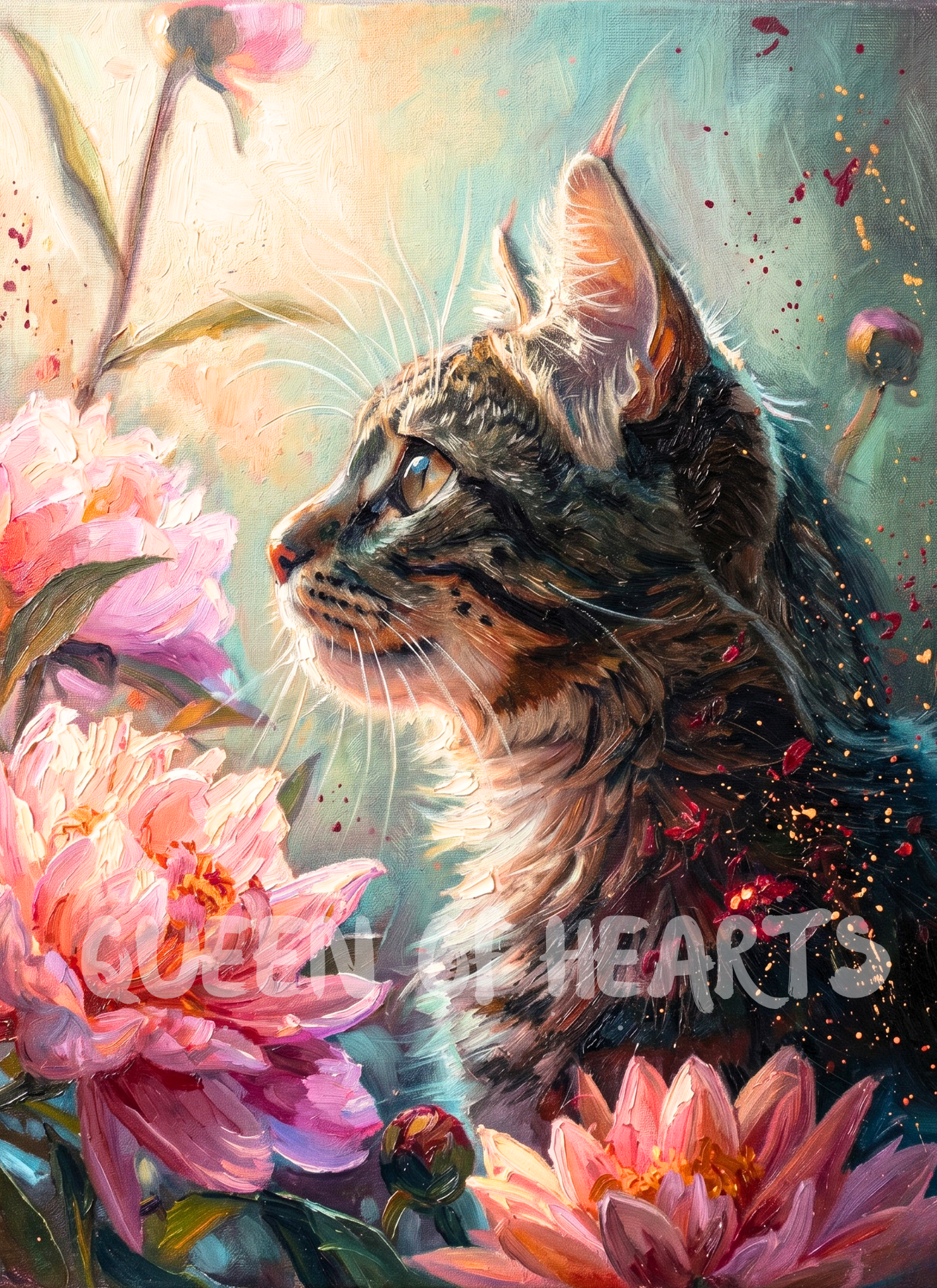 Tabby cat surrounded by pink peonies in a dreamy pastel garden, painted in a whimsical impressionist style with soft light and expressive brushstrokes.