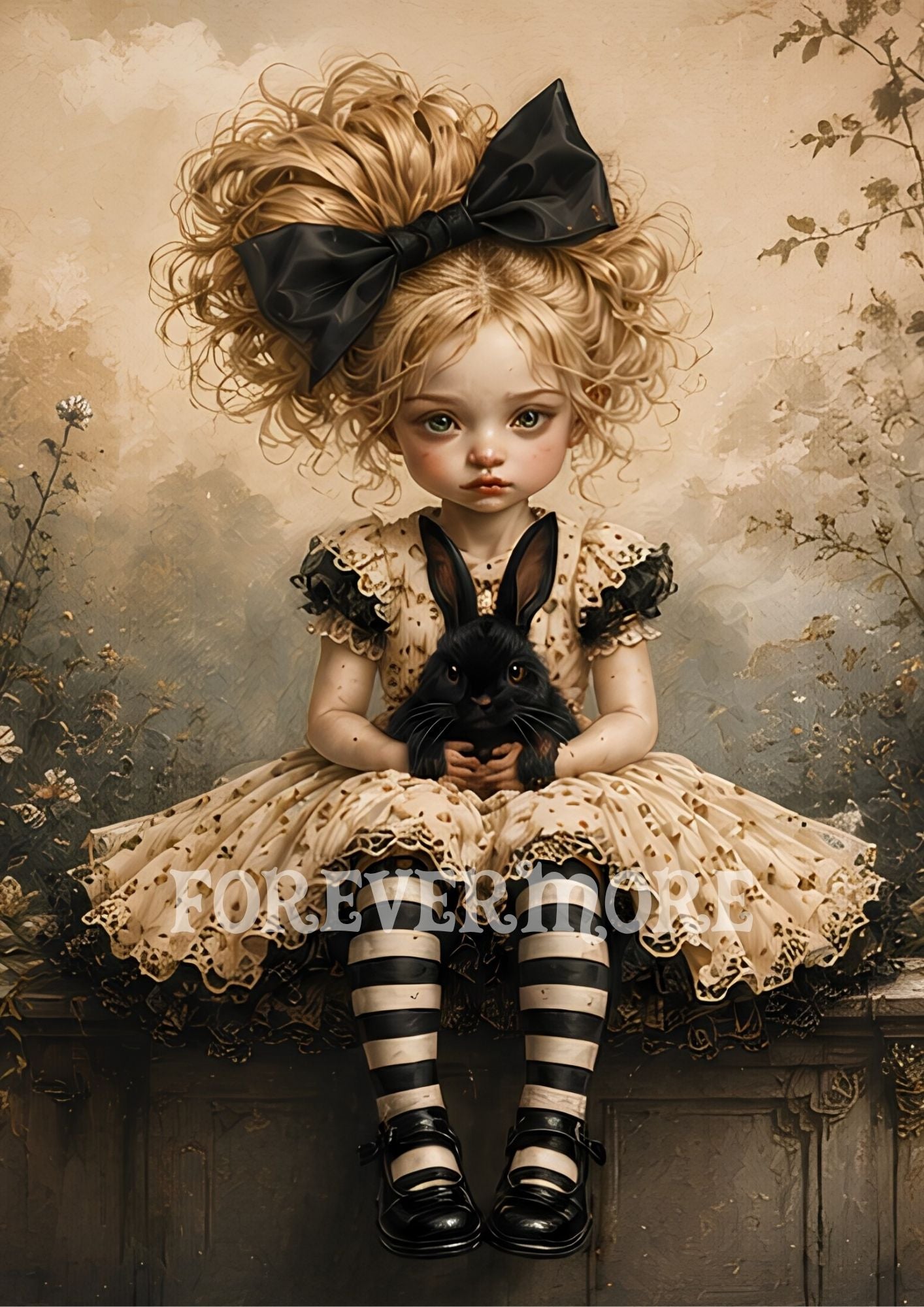 Vintage-inspired blonde doll girl with oversized black bow, striped stockings, and a black bunny companion sitting among soft floral and antique fairytale textures.