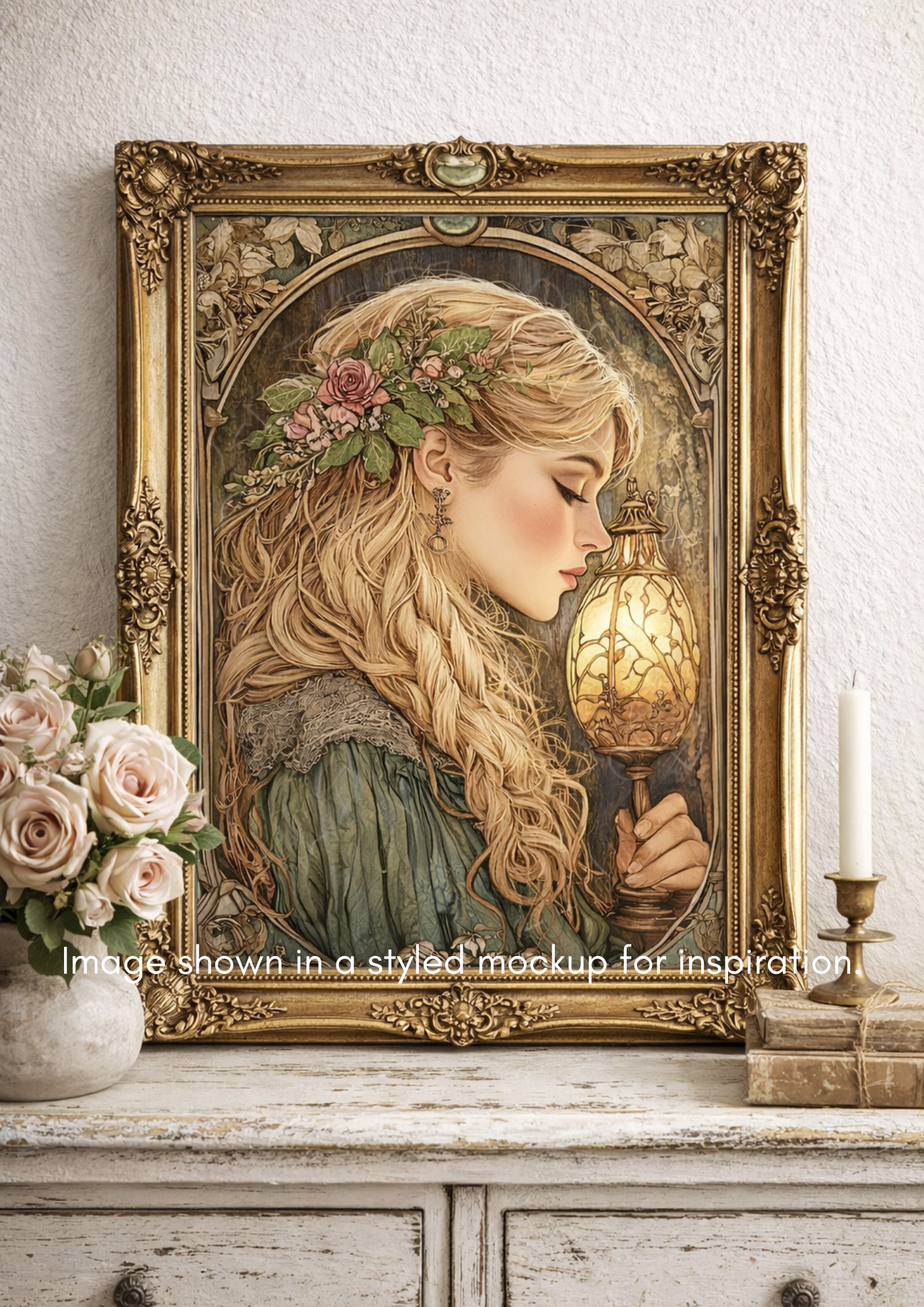 Premium decoupage rice paper with Victorian woman holding an illuminated lamp for furniture and DIY crafts
