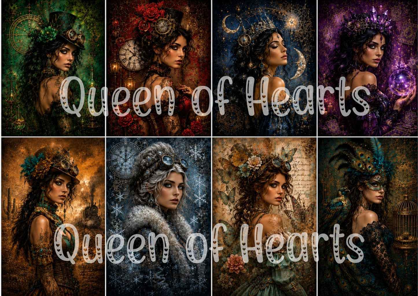 Collage featuring the full Pretty Little Rebels fantasy collection with eight mystical women in gothic, steampunk, celestial, floral, winter, and masquerade-inspired styles with rich jewel tones and ornate magical details.