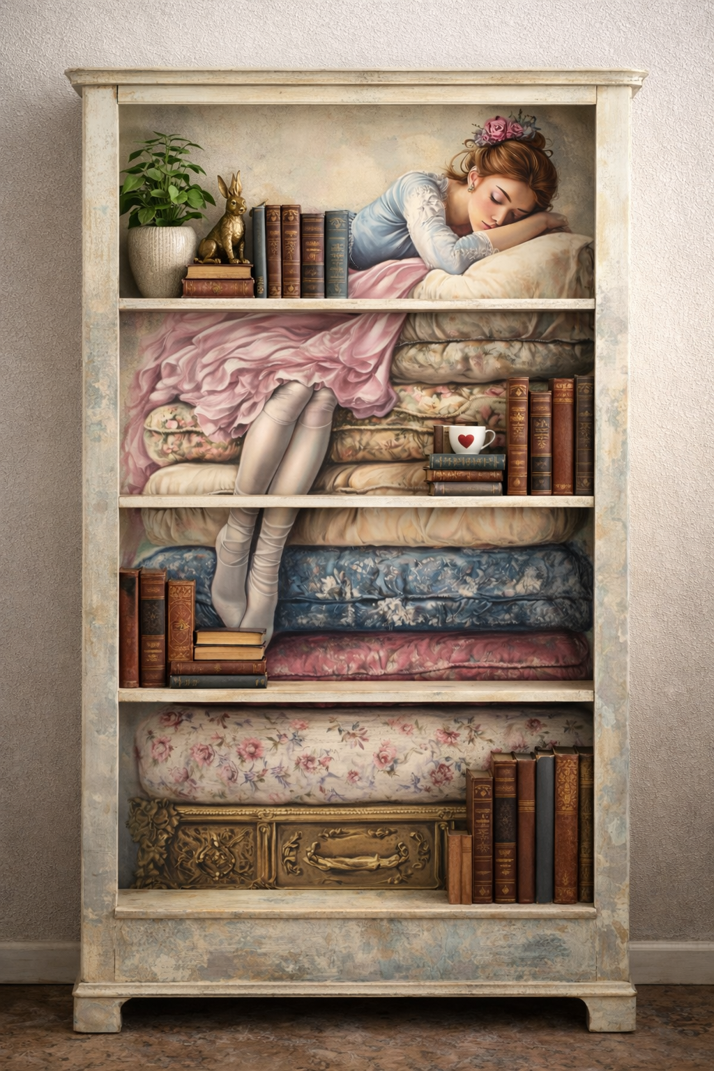 Bookshelf with books, cushions, and a decorative box against a neutral wall.