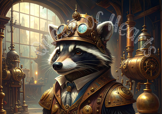 Raccoon in steampunk attire with intricate machinery in the background