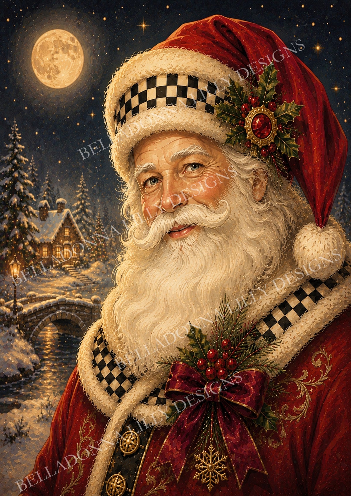 A close portrait of a warm and kindly Santa dressed in an ornate crimson Christmas coat trimmed with cream fur. Black-and-cream harlequin checks decorate his hat and clothing, while jeweled holly, red berries and a burgundy bow add rich holiday detail. Behind him, a glowing full moon shines over a snow-covered cottage, evergreen trees, a stone bridge and a peaceful winter stream.