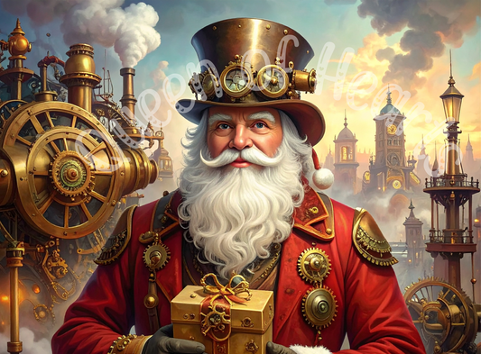 Steampunk-themed Santa Claus with mechanical elements against a fantasy cityscape.