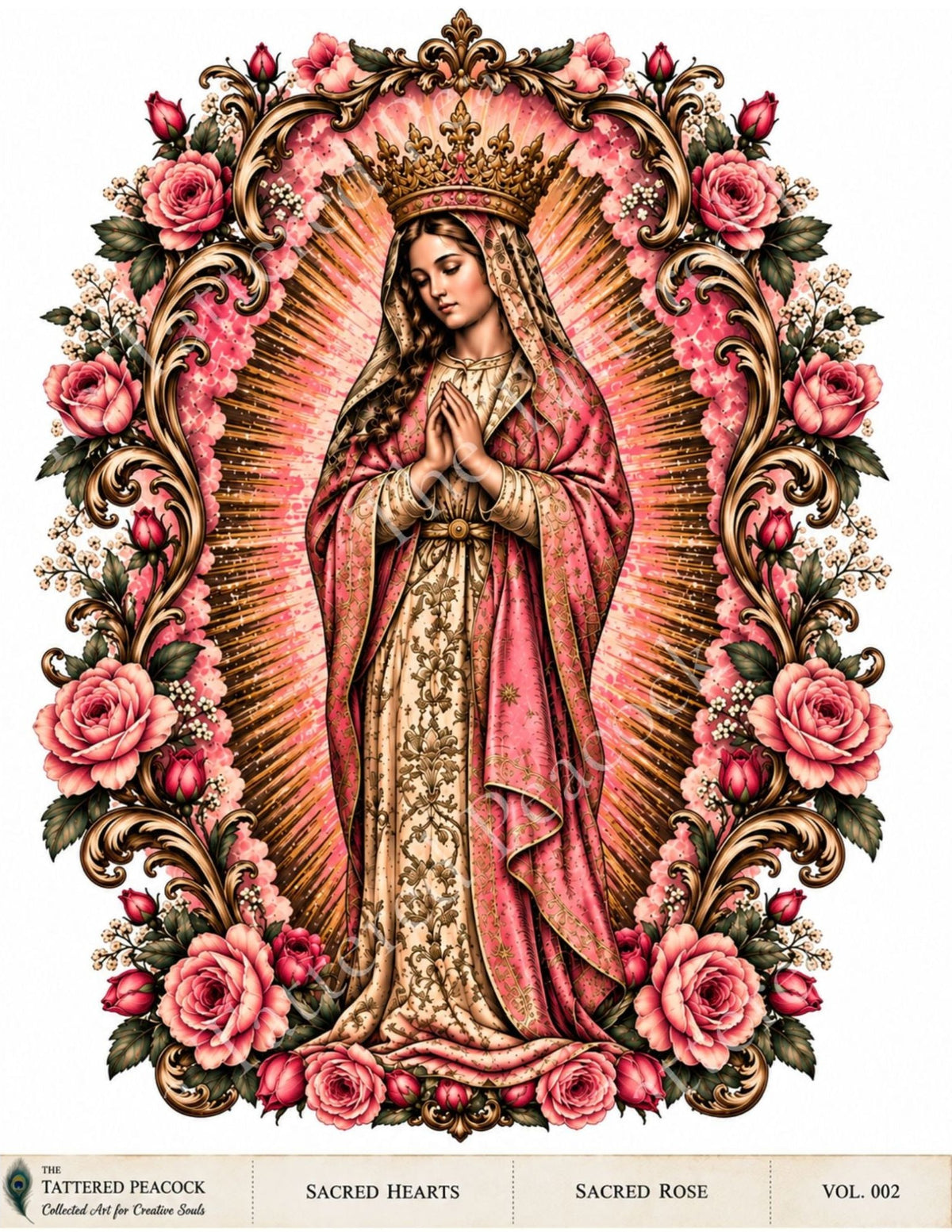 Sacred Rose Sacred Hearts cotton fabric art panel with crowned devotional figure, pink roses and ornate gold details