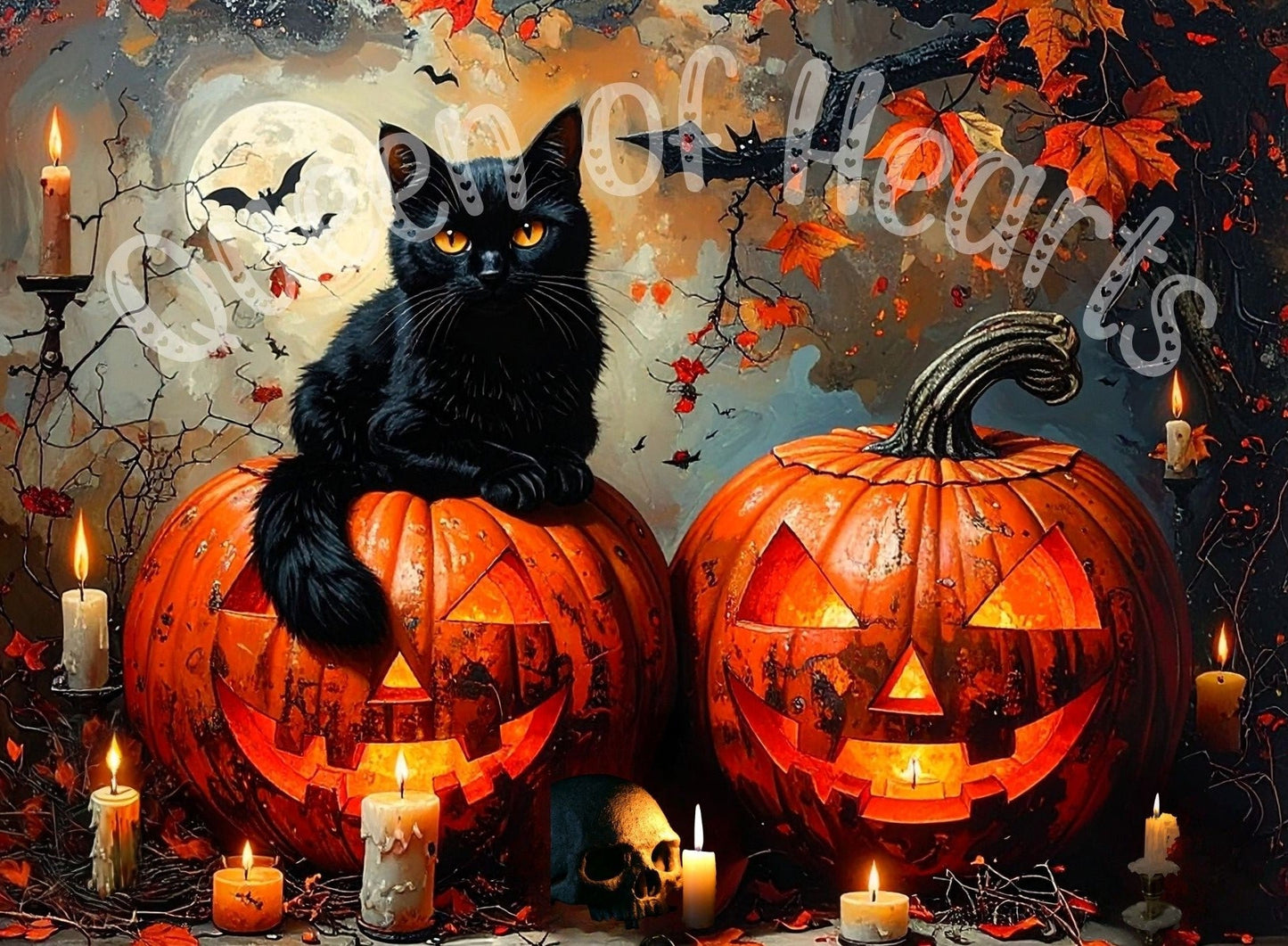 Halloween-themed scene with pumpkins, a black cat, and autumn leaves.