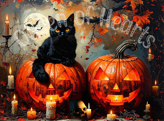 Halloween-themed scene with pumpkins, a black cat, and autumn leaves.