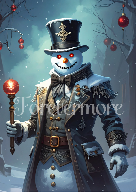 Snowman in a top hat and coat holding a lantern with a festive background.