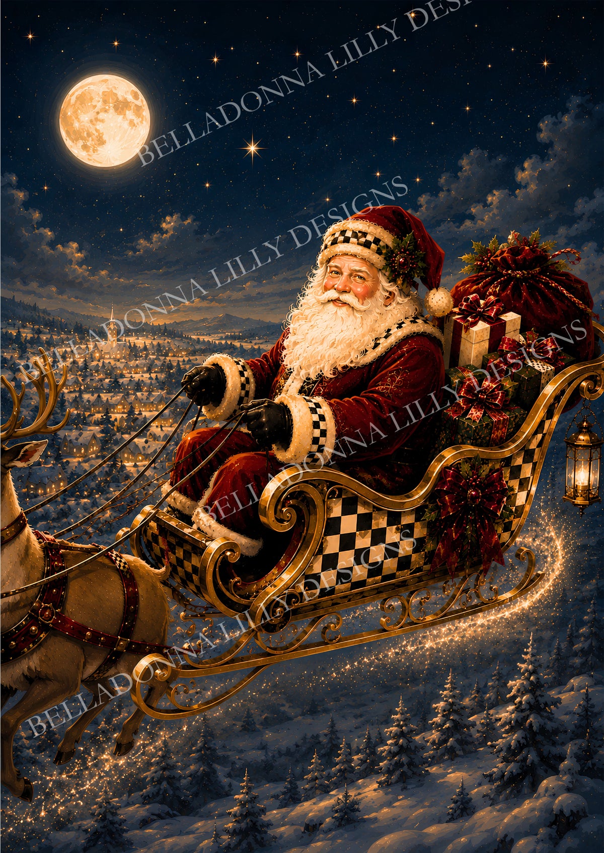 Saint Nicholas riding a gold harlequin sleigh through a moonlit winter village on whimsical Christmas decoupage rice paper