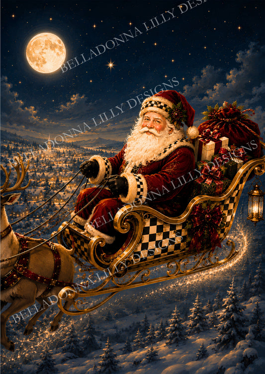 Saint Nicholas riding a gold harlequin sleigh through a moonlit winter village on whimsical Christmas decoupage rice paper