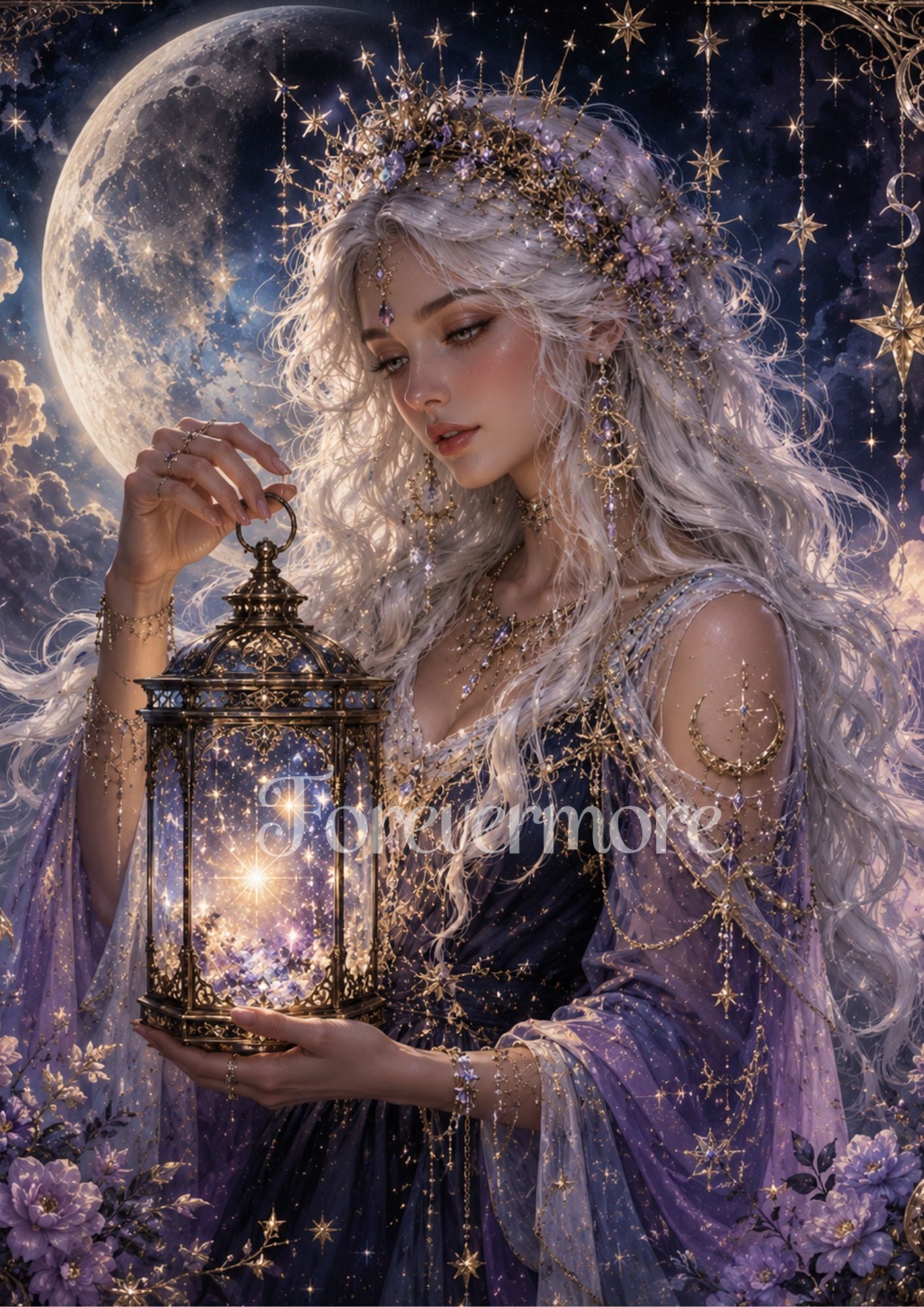 Star Keeper fantasy artwork featuring a silver-haired celestial maiden in flowing violet robes holding a glowing lantern filled with starlight beneath a large moon, surrounded by stars, gold celestial ornaments, and lavender flowers.