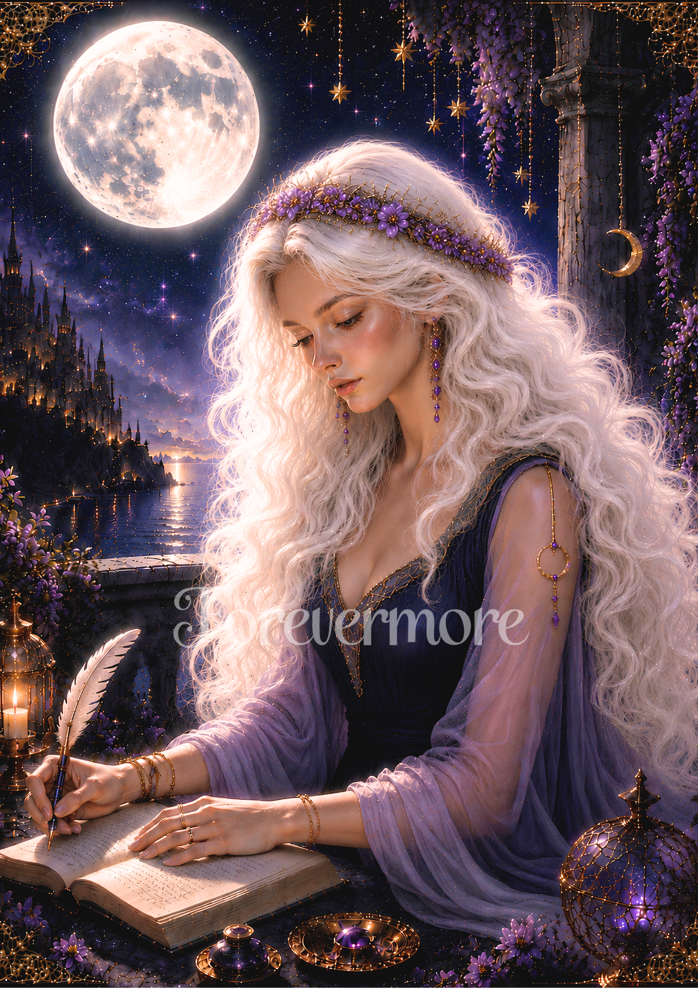 Collection of four celestial fantasy women known as The Star Keeper, The Star Dreamer, The Star Oracle, and The Star Whisperer, plus a bonus collage sheet featuring all four moonlit heroines beneath magical starlit skies.