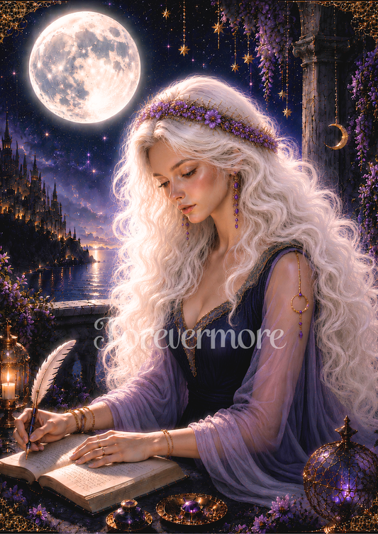 Mystical celestial oracle with luminous white hair and celestial crown gazing into the stars beneath a glowing moonlit sky.