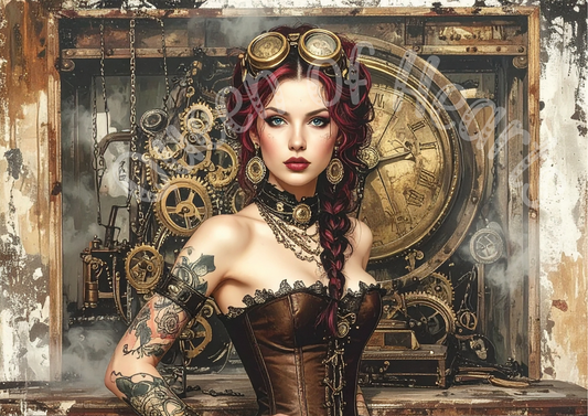 Artistic depiction of a woman with steampunk elements and a clock in the background