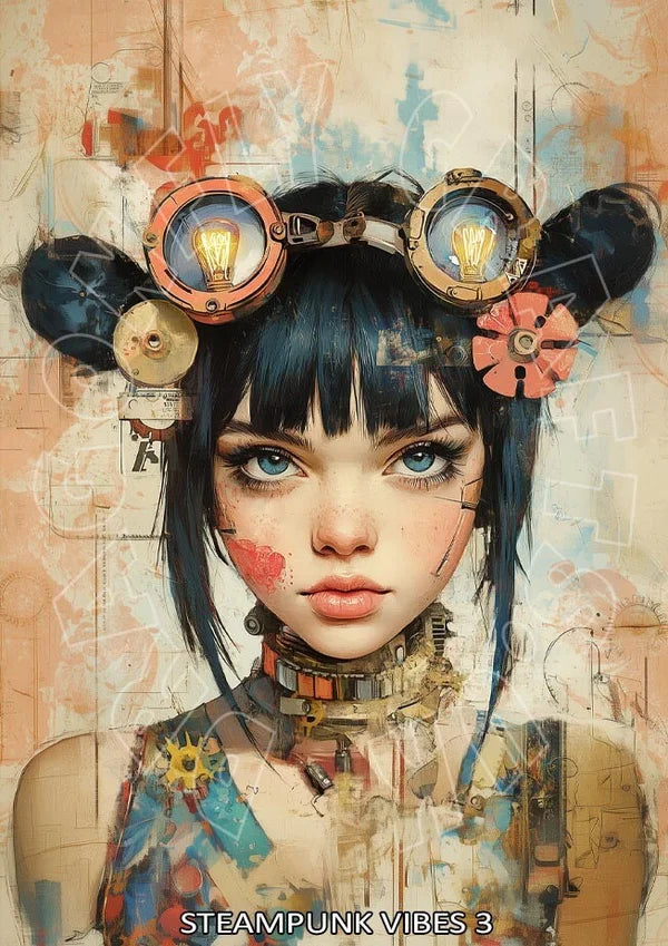 Artistic depiction of a character with steampunk elements and a colorful background.