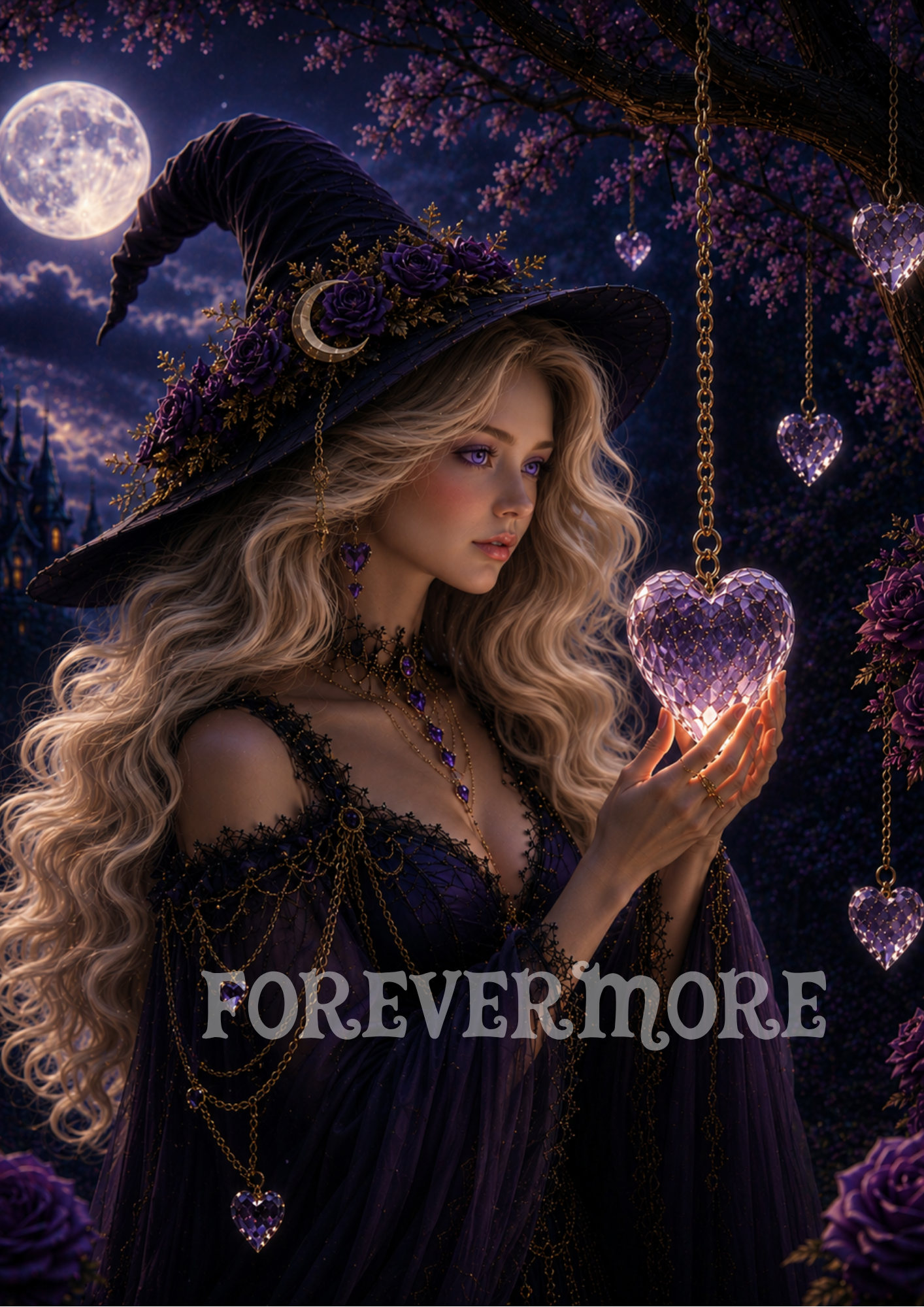 A gothic fantasy portrait of a woman in a dark purple witch hat and dress, holding a glowing heart-shaped crystal under a moonlit tree with hanging purple flowers. 