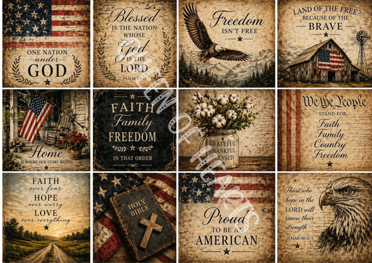 Vintage patriotic decoupage paper bundle featuring American flag, eagle, farmhouse, faith and freedom designs in rustic Americana style