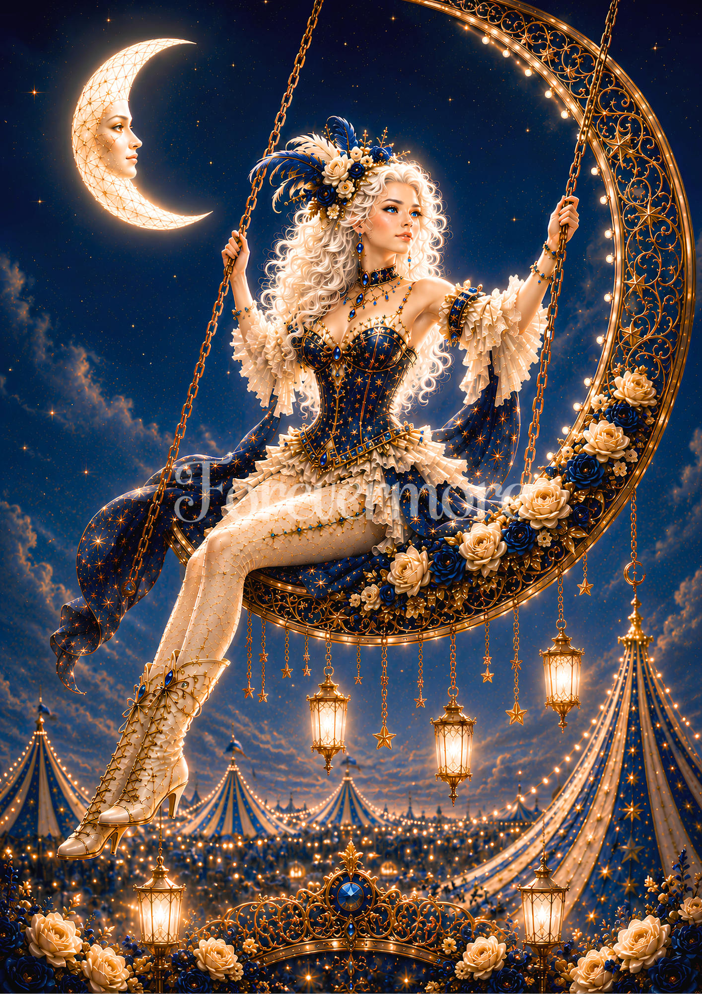 Fantasy circus aerial performer swinging beneath a glowing moon, surrounded by clouds, stars, and whimsical celestial circus scenery in rich dreamlike colors.