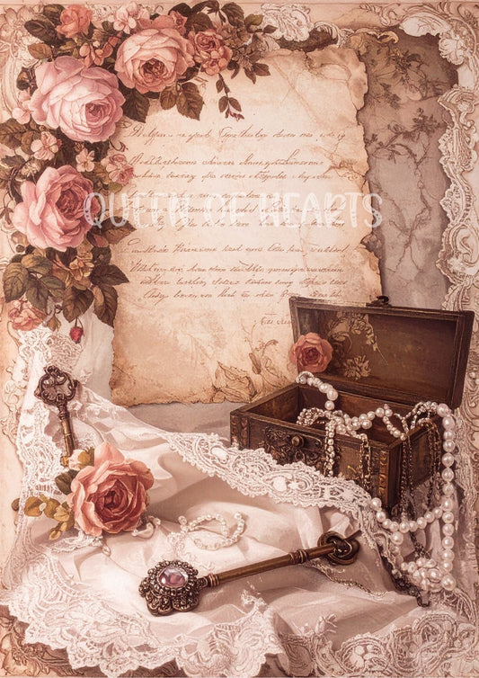 Vintage-themed image with roses, lace, and an old letter.