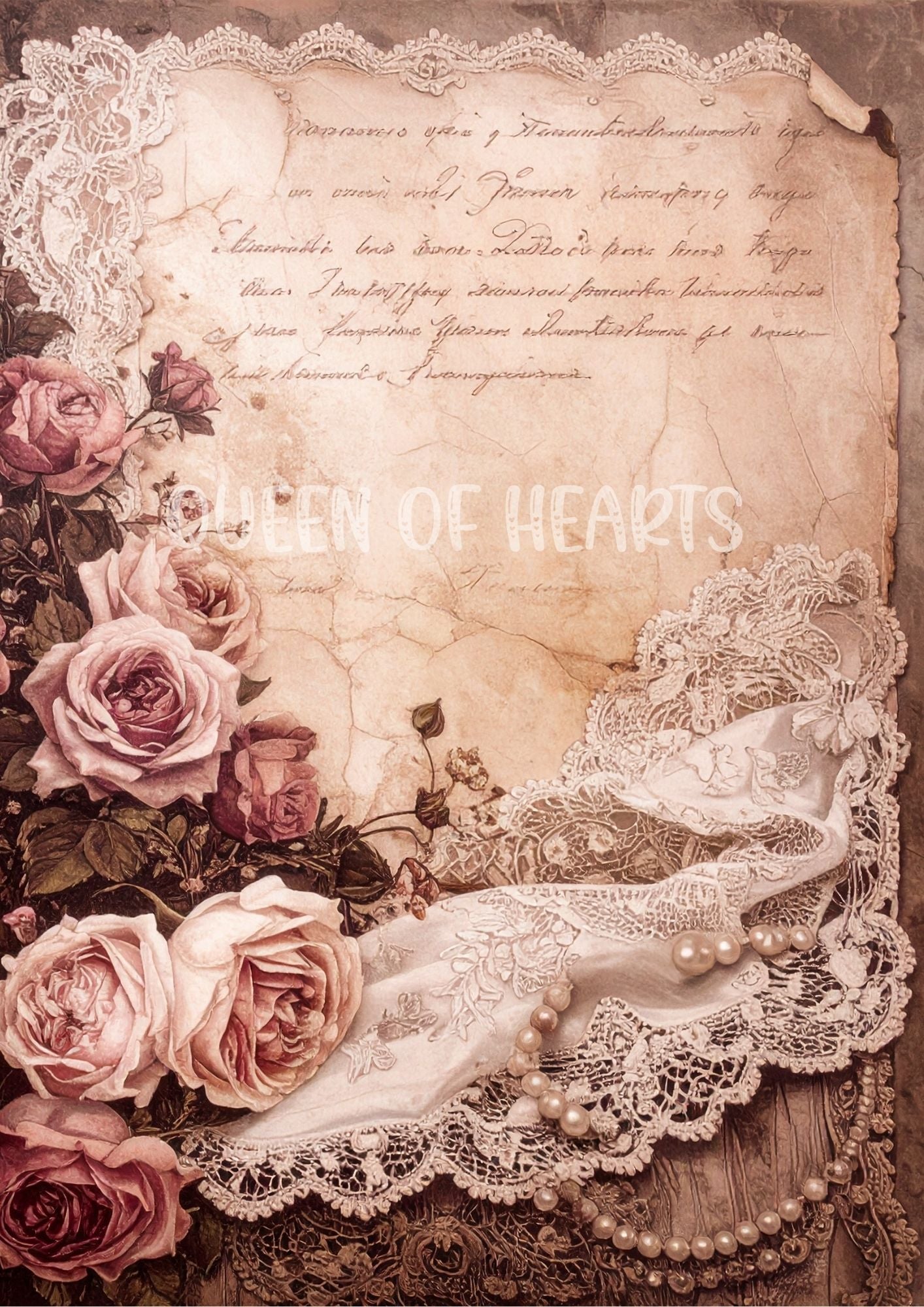 Vintage-style card with lace, roses, and text. 