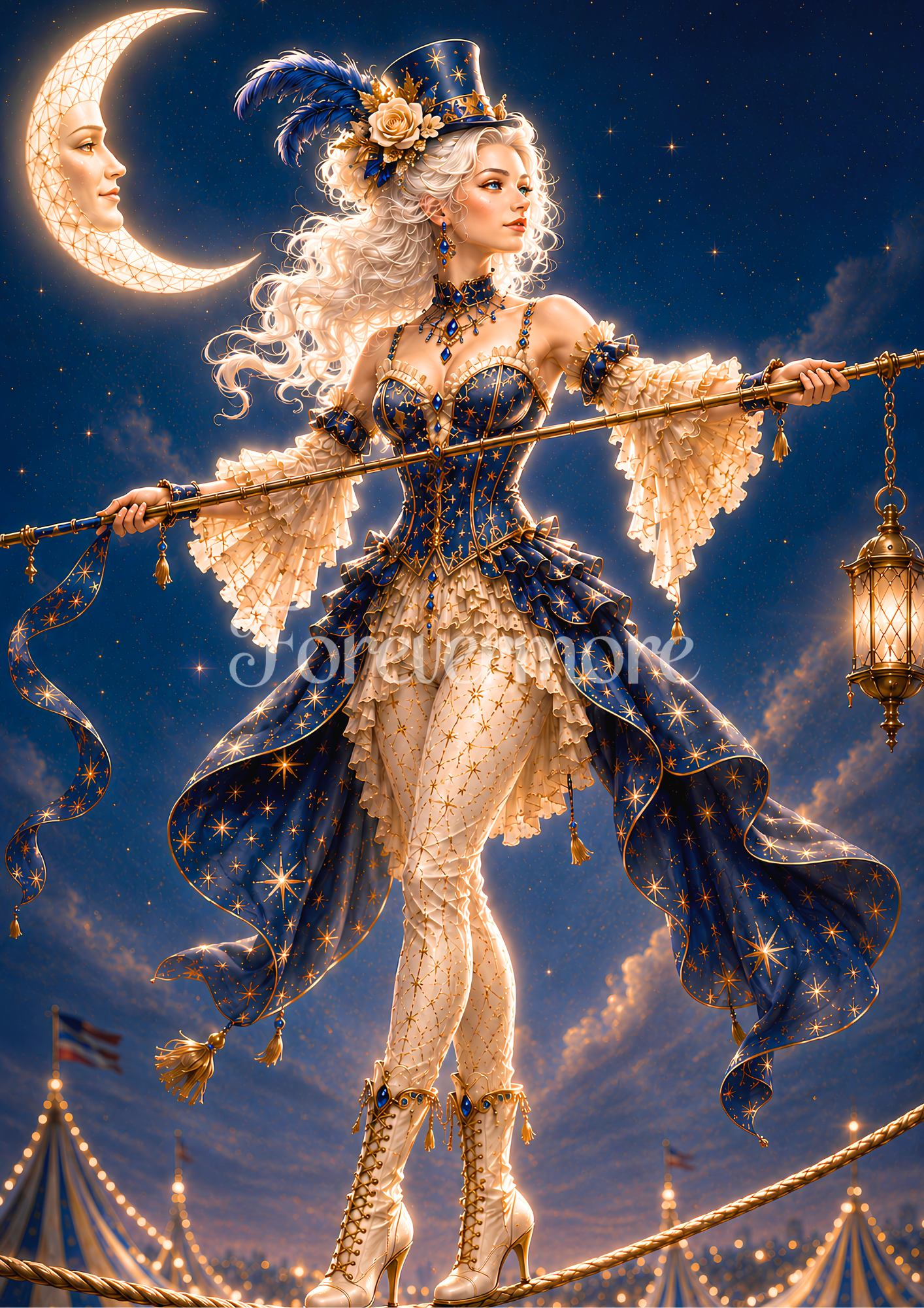 Moonlit fantasy circus performer walking beneath a celestial moon, wearing an elegant flowing gown surrounded by stars, clouds, and magical circus dreamscape elements.