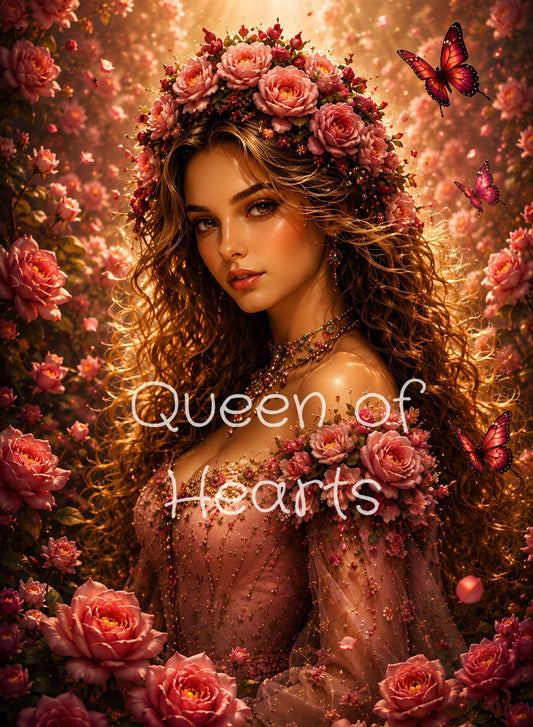 Romantic fantasy woman wearing a rose crown and pink gown, surrounded by blooming roses and butterflies.